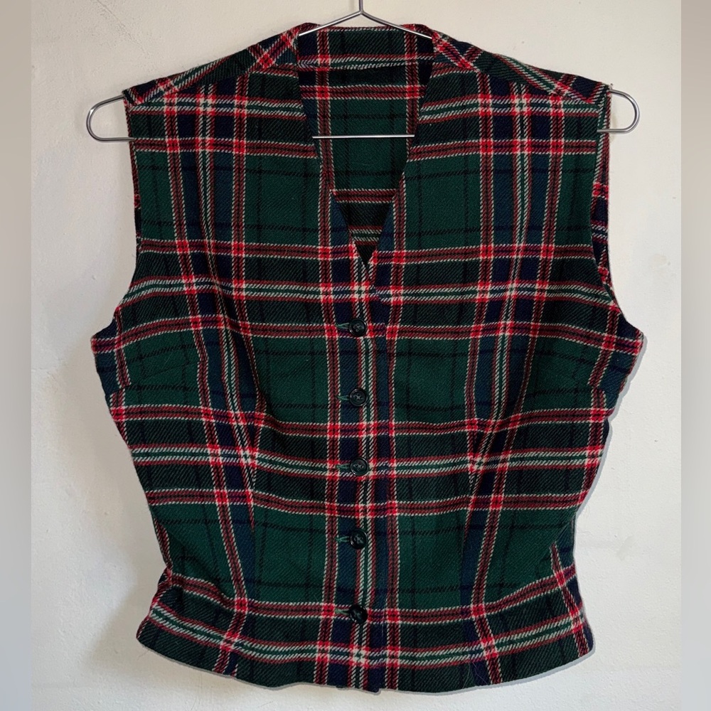 Vintage Green Plaid Wool Crop Vest
